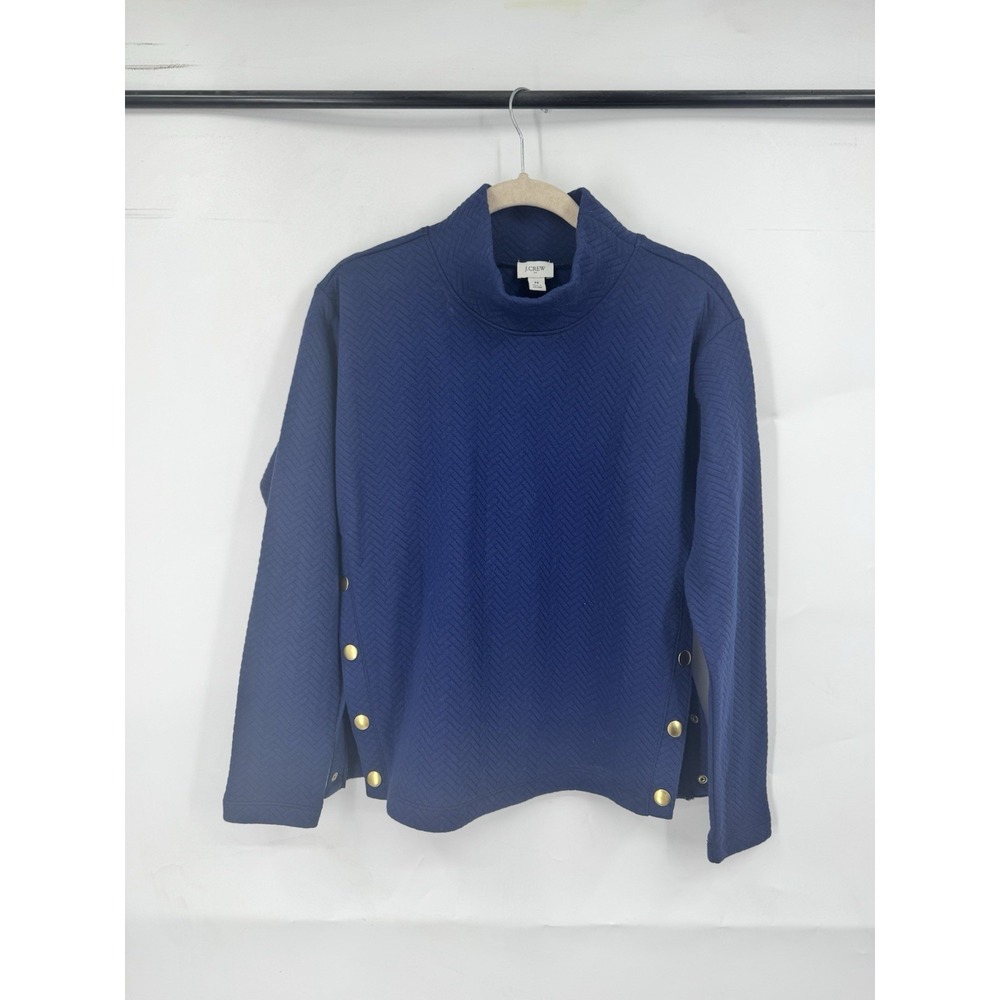 J. Crew Quilted Mockneck Sweatshirt Women M Navy Blue Minimalist Snap Side Coast